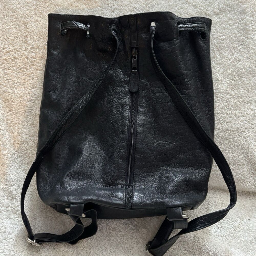 Vintage Black Leather Backpack Drawstring Sack Style Back Zip Pocket Distressed - Picture 9 of 12